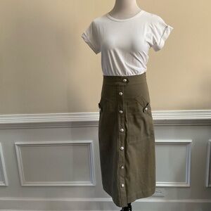 Veronica Beard Larsen Tee Midi Dress White Army Green XS Button Front